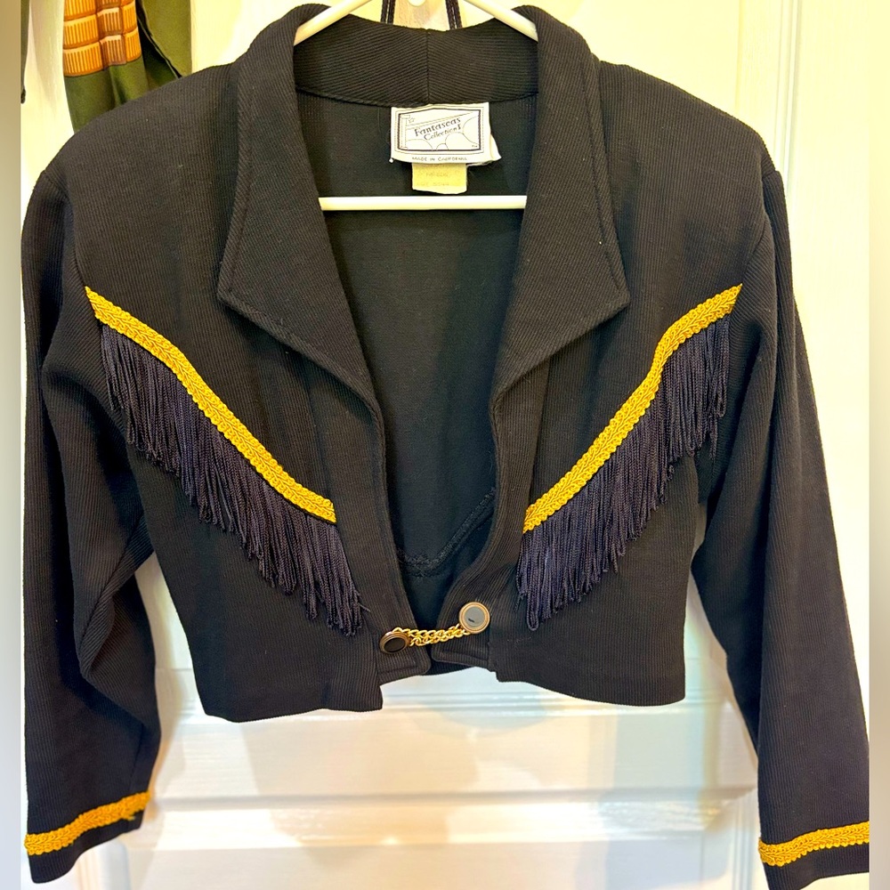 Vintage Western Black Cropped Jacket with Fringe and Gold! Size M